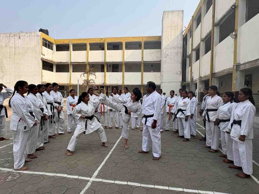 Doranda College Ranchi girls practicing karate on International Women's Day